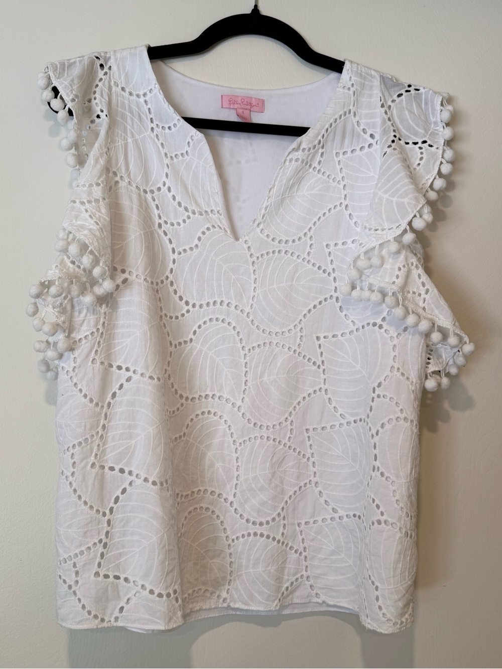 Lilly Pulitzer White Eyelet Astara Top in Resort Pom-Pom V-Notch